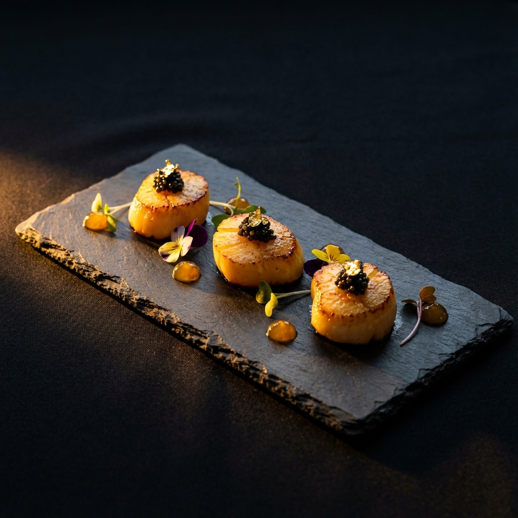 Seared scallops with caviar on dark slate