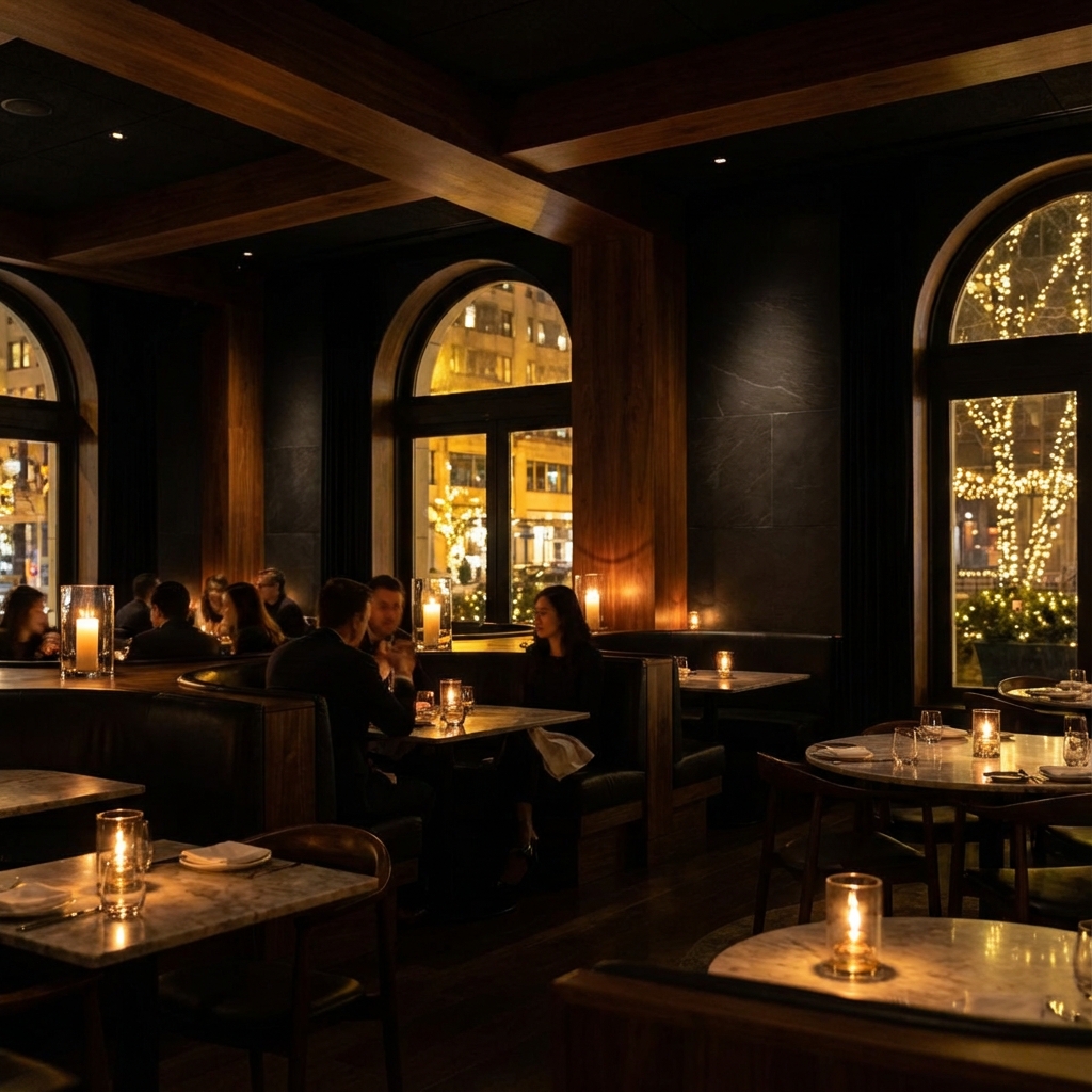 Luxury restaurant interior with warm ambient lighting